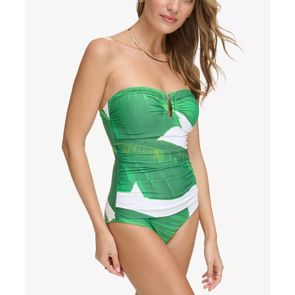 DKNY One Piece Swimsuit Large Green Tropical Banana Leaf Bandeau Vacation